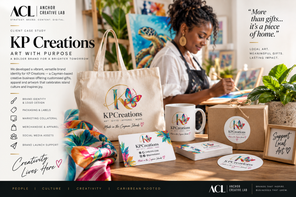 KP Creations case study: brand identity across tote bag, mug, business cards, stickers and packaging