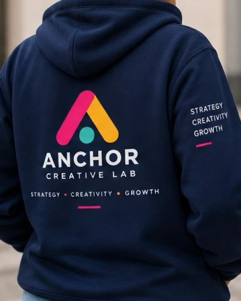 Anchor Creative Lab navy hoodie with logo on the back