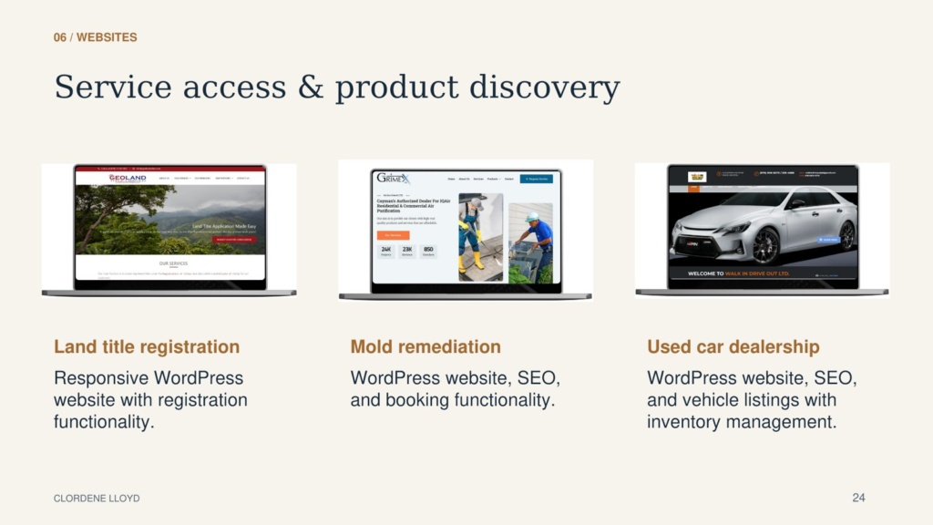 Websites for service access and product discovery